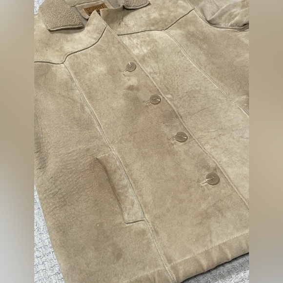 Vintage Esprit Suede Leather Sherpa Lined Button Up Coat Tan Size Large - Picture 9 of 14
